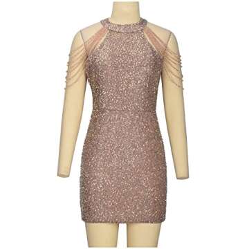 Mifsaly Womens Glamorous Sequined Mini Dress with Tassels Bodycon Sparkly Sequined Mini Dresses Sexy Sequined Cocktail Dress Khaki