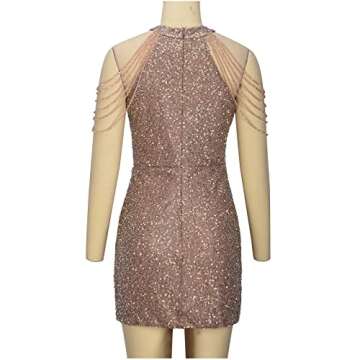 Mifsaly Womens Glamorous Sequined Mini Dress with Tassels Bodycon Sparkly Sequined Mini Dresses Sexy Sequined Cocktail Dress Khaki