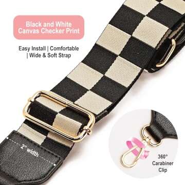 Like Dreams Wide Shoulder Adjustable Checks Straps for Crossbody Canvas Bag Handbag Replacement Straps (Black White)