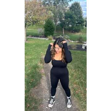 Sunzel Long Sleeve Bodysuits One Piece Jumpsuit for Women with Square Neck and Butt Scrunch Leggings Seamless Ribbed Rompers (25" Inseam, X-Large, Black)