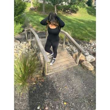 Sunzel Long Sleeve Bodysuits One Piece Jumpsuit for Women with Square Neck and Butt Scrunch Leggings Seamless Ribbed Rompers (25" Inseam, X-Large, Black)