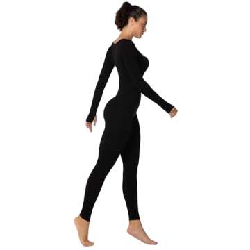 Sunzel Long Sleeve Bodysuits One Piece Jumpsuit for Women with Square Neck and Butt Scrunch Leggings Seamless Ribbed Rompers (25" Inseam, X-Large, Black)