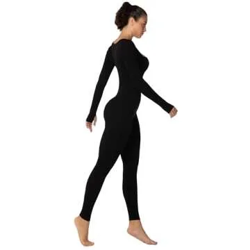 Sunzel Long Sleeve Bodysuits One Piece Jumpsuit for Women with Square Neck and Butt Scrunch Leggings Seamless Ribbed Rompers (25" Inseam, X-Large, Black)
