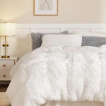 Dreamcountry Plush Fluffy Duvet Cover Oeko-TEX Certified Luxury Ultra Soft Shaggy Crystal Velvet Bedding Set 3 Pieces(1 Duvet Cover + 2 Pillow Shams) Zipper Closure(Queen, White)