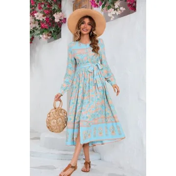 R.Vivimos Women's Long Sleeve Boho Floral Print Dress Crew Neck Button Down Casual Loose Slit Flowy Midi Dress with Belt (Large, SkyBlue)