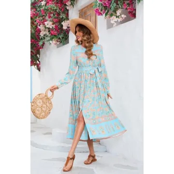 R.Vivimos Women's Long Sleeve Boho Floral Print Dress Crew Neck Button Down Casual Loose Slit Flowy Midi Dress with Belt (Large, SkyBlue)