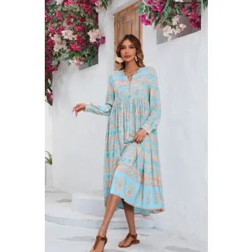 R.Vivimos Women's Long Sleeve Boho Floral Print Dress Crew Neck Button Down Casual Loose Slit Flowy Midi Dress with Belt (Large, SkyBlue)