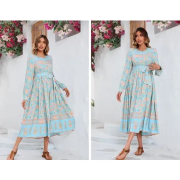 R.Vivimos Women's Long Sleeve Boho Floral Print Dress Crew Neck Button Down Casual Loose Slit Flowy Midi Dress with Belt (Large, SkyBlue)