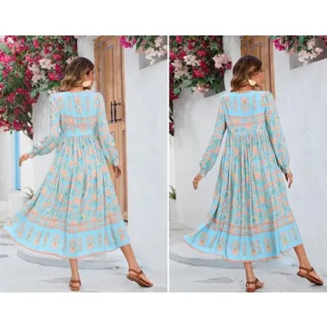 R.Vivimos Women's Long Sleeve Boho Floral Print Dress Crew Neck Button Down Casual Loose Slit Flowy Midi Dress with Belt (Large, SkyBlue)