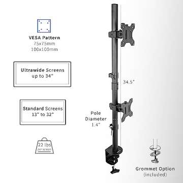 VIVO Dual Vertically Stacked Monitor Desk Mount, Extra Tall Adjustable Stand for 2 Ultrawides up to 34 inches, 22 lbs Capacity, Black, STAND-V002T