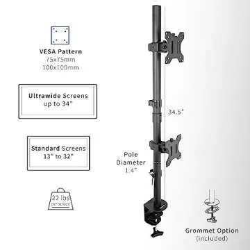 VIVO Dual Vertically Stacked Monitor Desk Mount, Extra Tall Adjustable Stand for 2 Ultrawides up to 34 inches, 22 lbs Capacity, Black, STAND-V002T