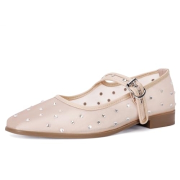 DOEYG Mesh Ballet Flats for Women Rhinestone Mary Jane Flats with Strap Sparkly Square Toe Embellish...