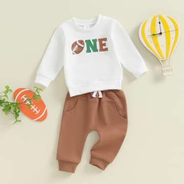 Pudcoco Toddler Baby Boys First Birthday Outfit Football 1st Year Down Sweatshirt and Jogger Pants Set Fall Clothes (White, 12-18 Months)
