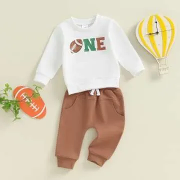 Pudcoco Toddler Baby Boys First Birthday Outfit Football 1st Year Down Sweatshirt and Jogger Pants Set Fall Clothes (White, 12-18 Months)