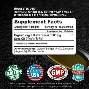 FRESH HEALTHCARE Black Seed Oil Capsules Cold Pressed 1300mg - 100% Pure Non-GMO Nigella Sativa - Im...