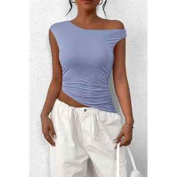 PRETTYGARDEN Womens 2025 Summer Off The Shoulder Crop Tops Sleeveless One Shoulder Ruched Asymmetrical Y2K Going Out Tank Top (Light Blue,Small)