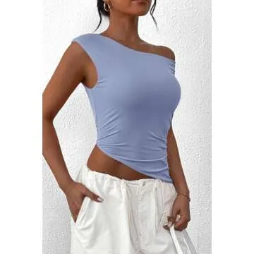 PRETTYGARDEN Womens 2025 Summer Off The Shoulder Crop Tops Sleeveless One Shoulder Ruched Asymmetrical Y2K Going Out Tank Top (Light Blue,Small)