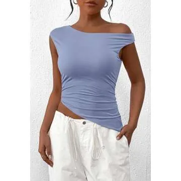PRETTYGARDEN Womens 2025 Summer Off The Shoulder Crop Tops Sleeveless One Shoulder Ruched Asymmetrical Y2K Going Out Tank Top (Light Blue,Small)