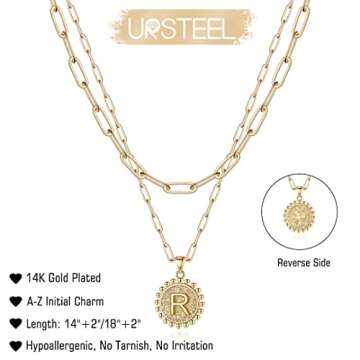Ursteel Layered Initial Necklaces for Women - Gold Plated Dainty Layering Paperclip Chain Necklace Letter R Initial Coin Pendant Necklaces Gold Choker Necklaces for Women Jewelry Gifts