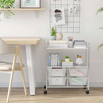 RELAX4LIFE Rolling Storage Cart with 4 Drawers, Utility Cart on Wheels w/2 Shelves & Metal Frame, Paper Scrapbook File Organizer for Home Office School Classroom, Movable Art Craft Cart (Clear)