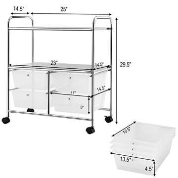 RELAX4LIFE Rolling Storage Cart with 4 Drawers, Utility Cart on Wheels w/2 Shelves & Metal Frame, Paper Scrapbook File Organizer for Home Office School Classroom, Movable Art Craft Cart (Clear)