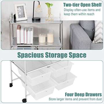 RELAX4LIFE Rolling Storage Cart with 4 Drawers, Utility Cart on Wheels w/2 Shelves & Metal Frame, Paper Scrapbook File Organizer for Home Office School Classroom, Movable Art Craft Cart (Clear)