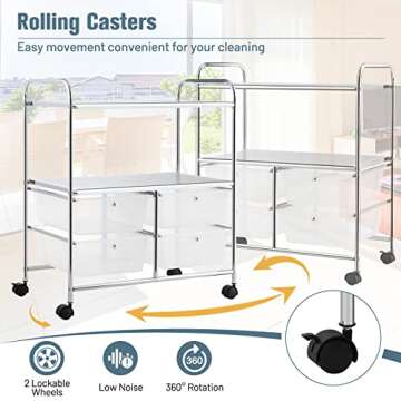 RELAX4LIFE Rolling Storage Cart with 4 Drawers, Utility Cart on Wheels w/2 Shelves & Metal Frame, Paper Scrapbook File Organizer for Home Office School Classroom, Movable Art Craft Cart (Clear)