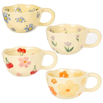 MAKCNMYM Ceramic Coffee Mug Set of 4 Vintage Flower Mugs 10 oz Cute Floral Coffee Mug Irregular Latt...
