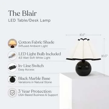 Brightech Blair LED Table Lamp - Small Modern Black Table Lamp with Marble Globe Base, Pleated Shade for Bedroom, Bedside, Side Table - Ambient Night Light with Soft White Light for Desk, Living Room