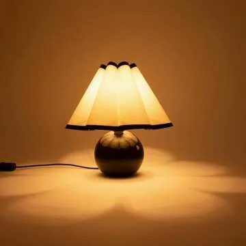 Brightech Blair LED Table Lamp - Small Modern Black Table Lamp with Marble Globe Base, Pleated Shade for Bedroom, Bedside, Side Table - Ambient Night Light with Soft White Light for Desk, Living Room