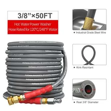 Heliwoo 3/8'' Pressure Washer Hose 50 FT, Hot and Cold Water Power Washer Hose Max 248°F, Commercia...