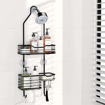 HBlife Shower Caddy over Shower Head, Rustproof Stainless Steel Shower Organizer with Soap Dish and Hooks for Razors Towels Sponge, No Drilling Shower Caddy Hanging for Shower Storage, Black