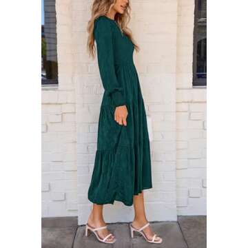 PRETTYGARDEN Women's Fall Spring Midi Dress Long Sleeve Floral Smocked Elegant Wedding Guest Long Flowy Dresses with Pockets (Malachite Green,X-Large)