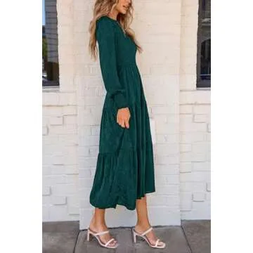 PRETTYGARDEN Women's Fall Spring Midi Dress Long Sleeve Floral Smocked Elegant Wedding Guest Long Flowy Dresses with Pockets (Malachite Green,X-Large)