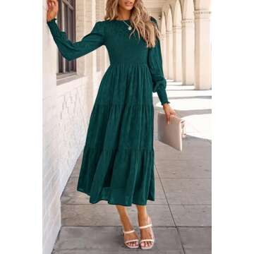 PRETTYGARDEN Women's Fall Spring Midi Dress Long Sleeve Floral Smocked Elegant Wedding Guest Long Flowy Dresses with Pockets (Malachite Green,X-Large)