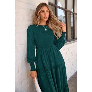 PRETTYGARDEN Women's Fall Spring Midi Dress Long Sleeve Floral Smocked Elegant Wedding Guest Long Flowy Dresses with Pockets (Malachite Green,X-Large)