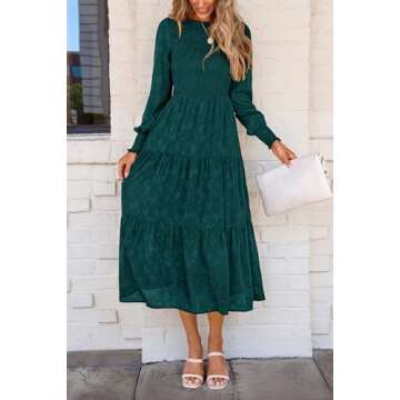 PRETTYGARDEN Women's Fall Spring Midi Dress Long Sleeve Floral Smocked Elegant Wedding Guest Long Flowy Dresses with Pockets (Malachite Green,X-Large)