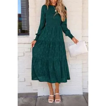 PRETTYGARDEN Women's Fall Spring Midi Dress Long Sleeve Floral Smocked Elegant Wedding Guest Long Flowy Dresses with Pockets (Malachite Green,X-Large)