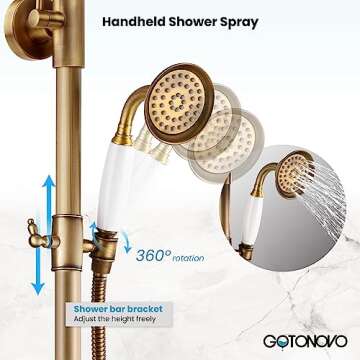 gotonovo Antique Brass Shower System 8 Inch Rainfall Shower Head Handheld Spray Double Cross Handle ...