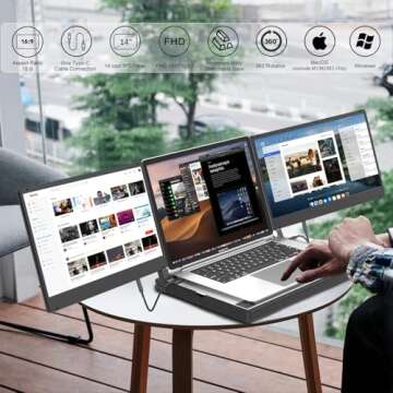 KEFEYA 14'' Triple Laptop Monitor Extender with Metal Base, 360° Rotation 1080P Portable Laptop Scr...