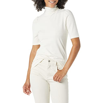 Amazon Essentials Women's Cotton Modal Draped Puff Sleeve Turtleneck - Ivory, Medium