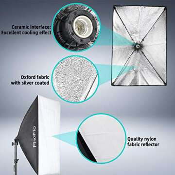 PHOMIA Softbox Lighting Kit 135W 20 x 28 Inch Studio Photography Continuous Light with 82.7-Inch Stand and Reflectors and 135W 5500K E27 Socket Lights for Portrait Item Fashion Photography