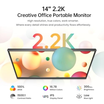 Yxk Portable Monitor 14 inch 2.2K QHD USB C HDMI Ultra-Slim IPS Travel Display & Speakers, HDR Plug&...
