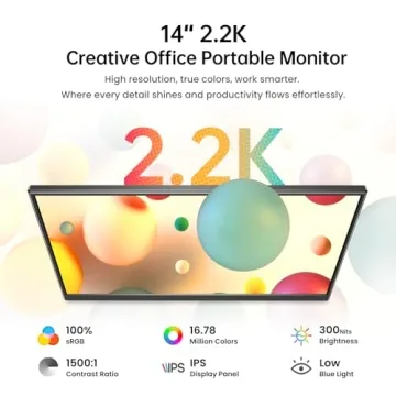 Yxk Portable Monitor 14 inch 2.2K QHD USB C HDMI Ultra-Slim IPS Travel Display & Speakers, HDR Plug&...