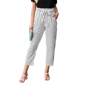 GRACE KARIN Women Pants Striped High Waist Pants Casual Paper Bag Pants with Pockets S