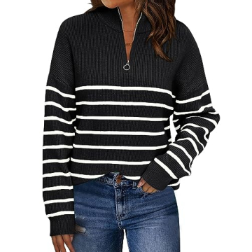 LILLUSORY Women's Quarter Zip Striped Oversized Sweater - Fall Fashion Top