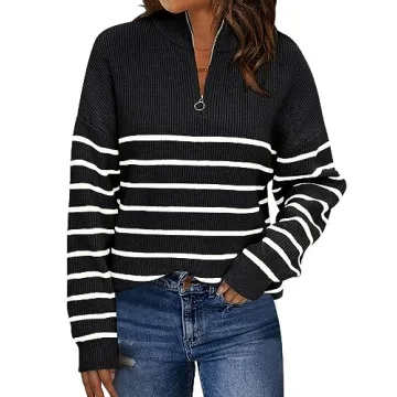 LILLUSORY Women's Quarter Zip Striped Oversized Sweater - Fall Fashion Top