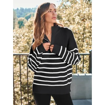 LILLUSORY Women's Quarter Zip Striped Oversized Sweater