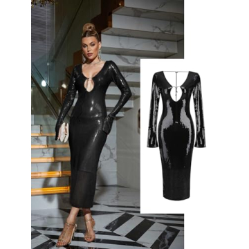 Elegant Meilun Deep V Sequin Dress for Women - Black