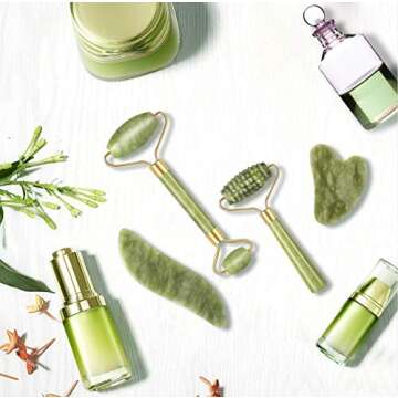 4-pcs Jade Roller & Gua Sha Set, Facial Roller Massager with Gua Sha Scraping Tool, Jade Stone Massager for Anti-aging, Slimming & Firming, Rejuvenate Face and Neck, Remove Wrinkles & Eye Puffiness